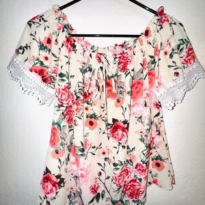 Floral Off-Shoulder Top with Lace Trim